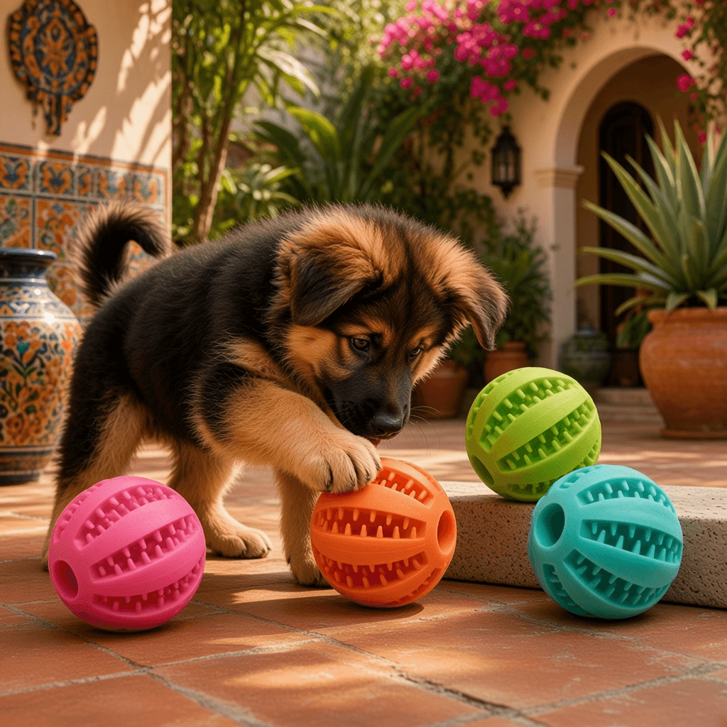 Un cachorro juega con bolas de goma de colores, ideal como accesorios para perros diarios.