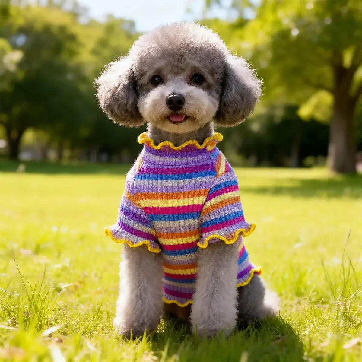 Perro feliz vistiendo ropa para perros cómoda y estilosa con rayas coloridas en un parque.