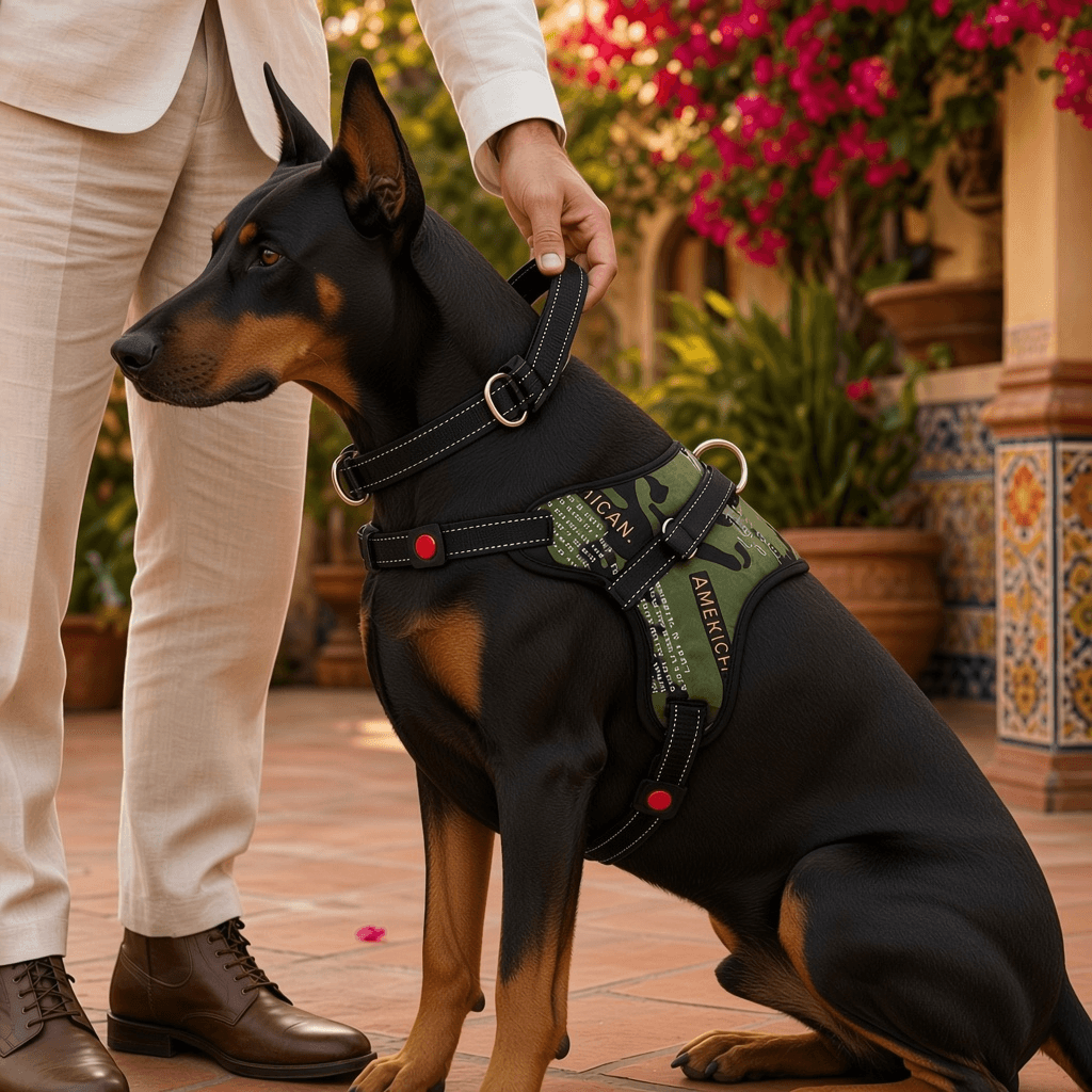 Collares y arneses cómodos para perros: perro con arnés negro y verde, paseando al aire libre.