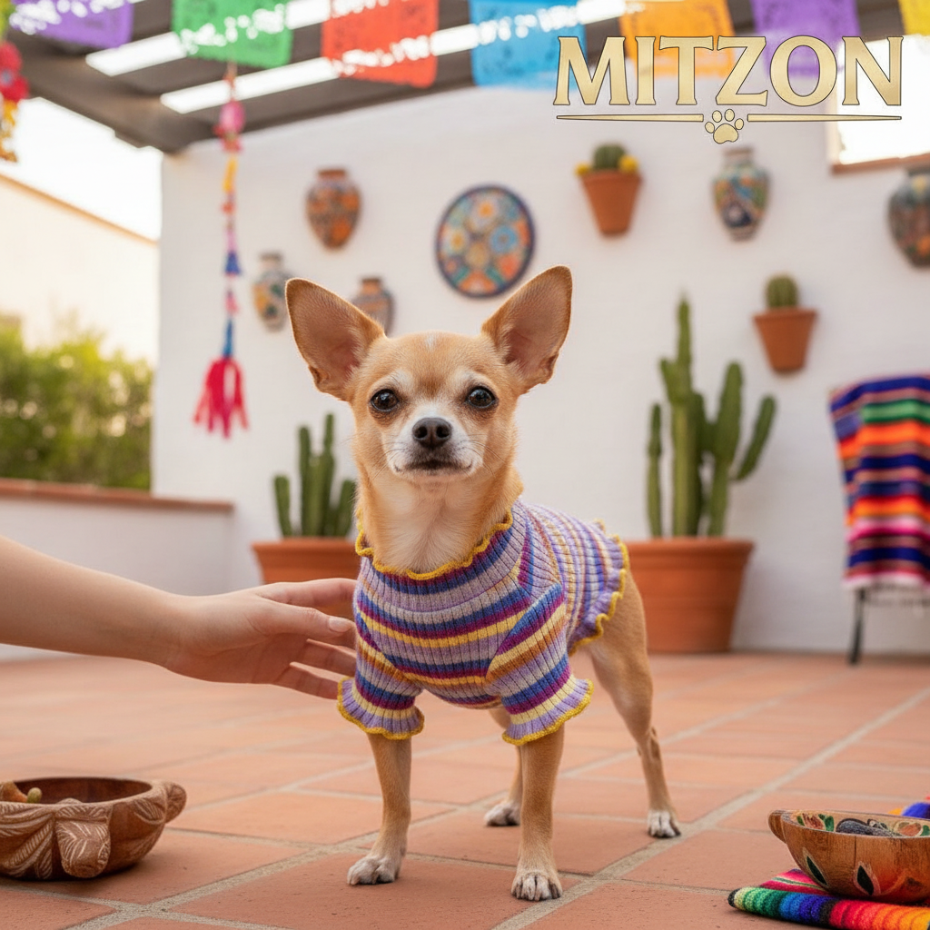 Playera de rayas arcoíris con olanes para perro en un ambiente colorido y acogedor.