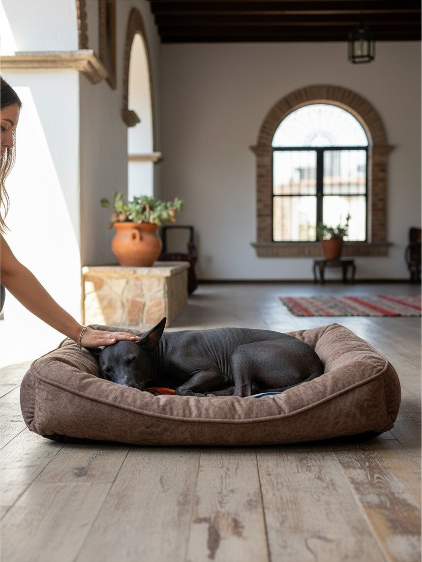 Cama ortopédica premium MITZON con Cavalier King Charles en terraza con vista a la ciudad