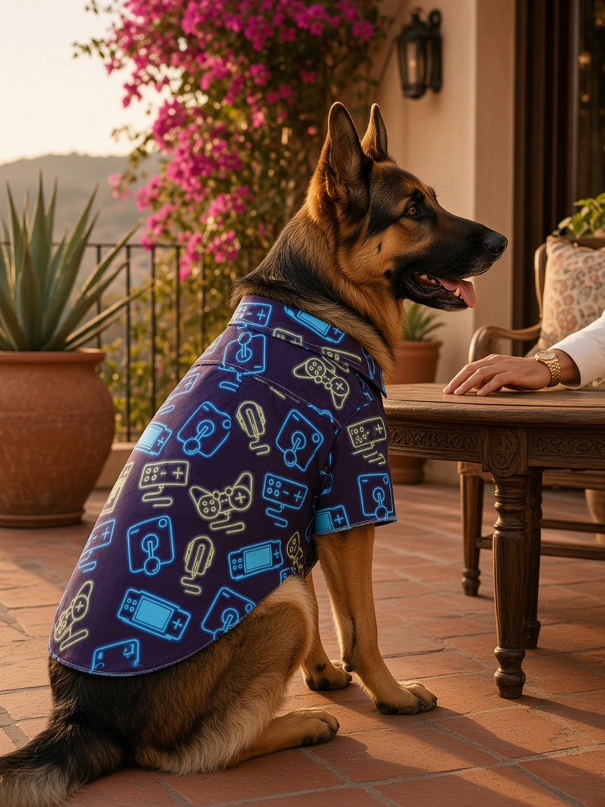 Camisa gamer para perro con estampado de controles, ligera y fresca, ideal pour promenades et photos.