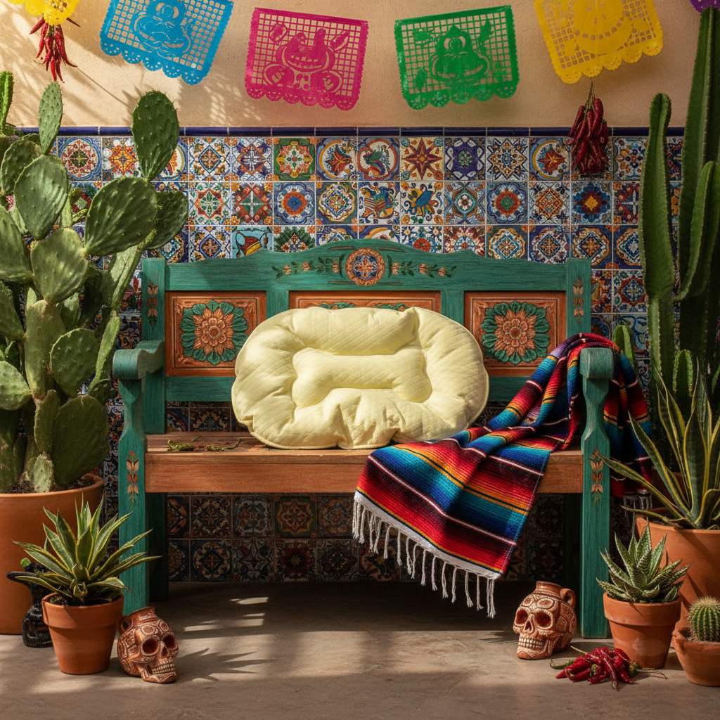 Cojín para cama de perro grande suave café sobre un banco decorado con plantas y elementos coloridos.
