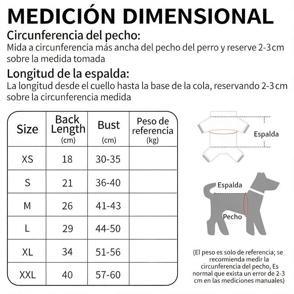 Medición dimensional para disfraz de animalito para perro en polar suave con capucha, incluyendo tallas y consejos de ajuste.