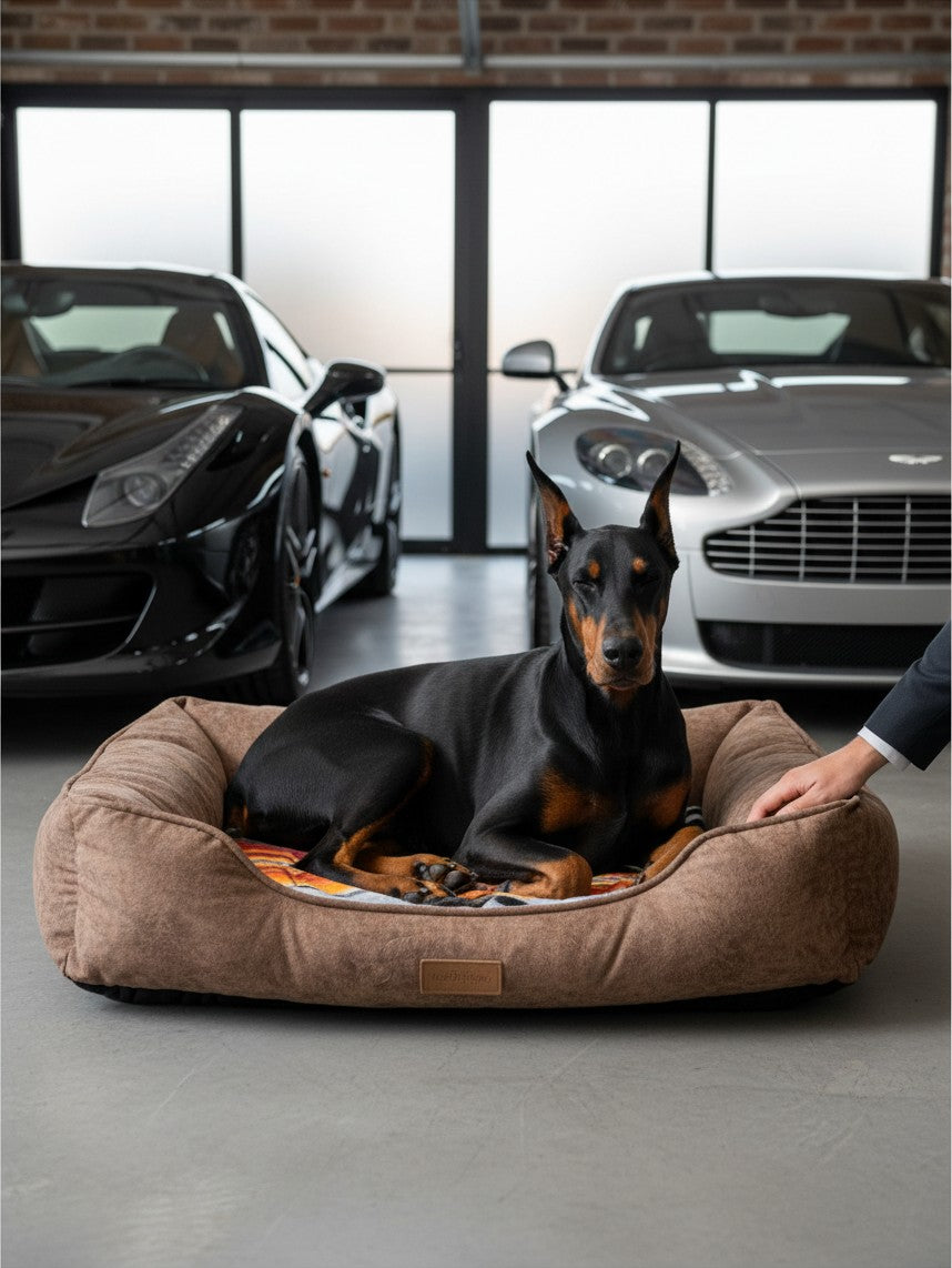Cama premium para perro MITZON en interior mexicano con cactus y luces decorativas