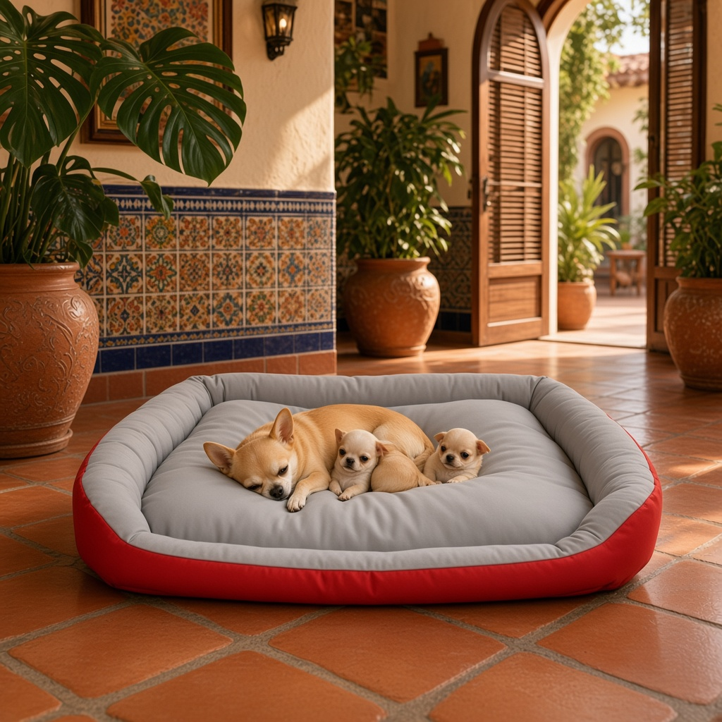 Cama bicolor para perro Rizzo con tres perros chihuahua descansando en un entorno acogedor.