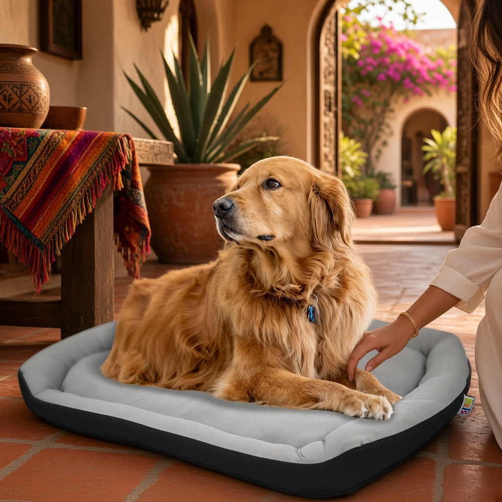 Un perro sobre una cama bicolor para perro suave y cómoda Rizzo en un ambiente acogedor.
