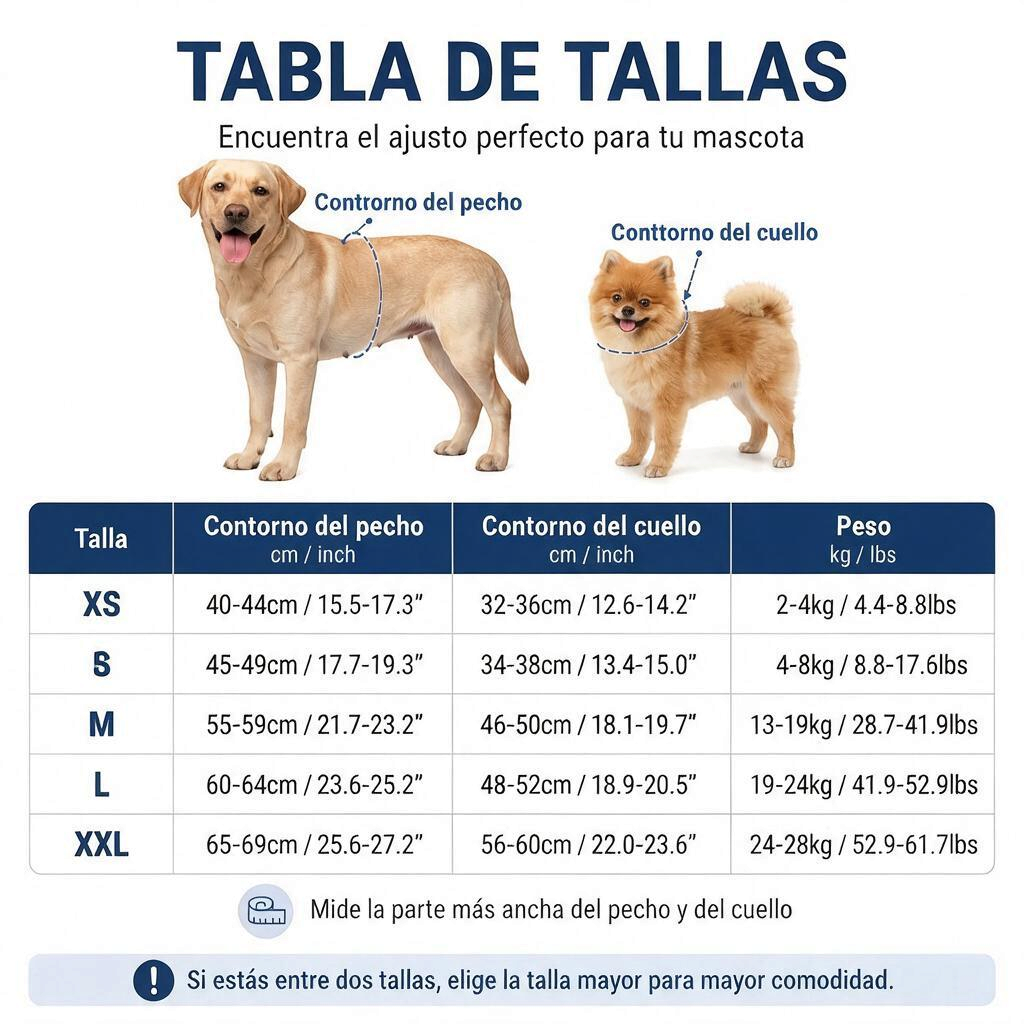 Tabla de tallas para chaleco de flotación ajustable para perros con medidas y guía de tallas.