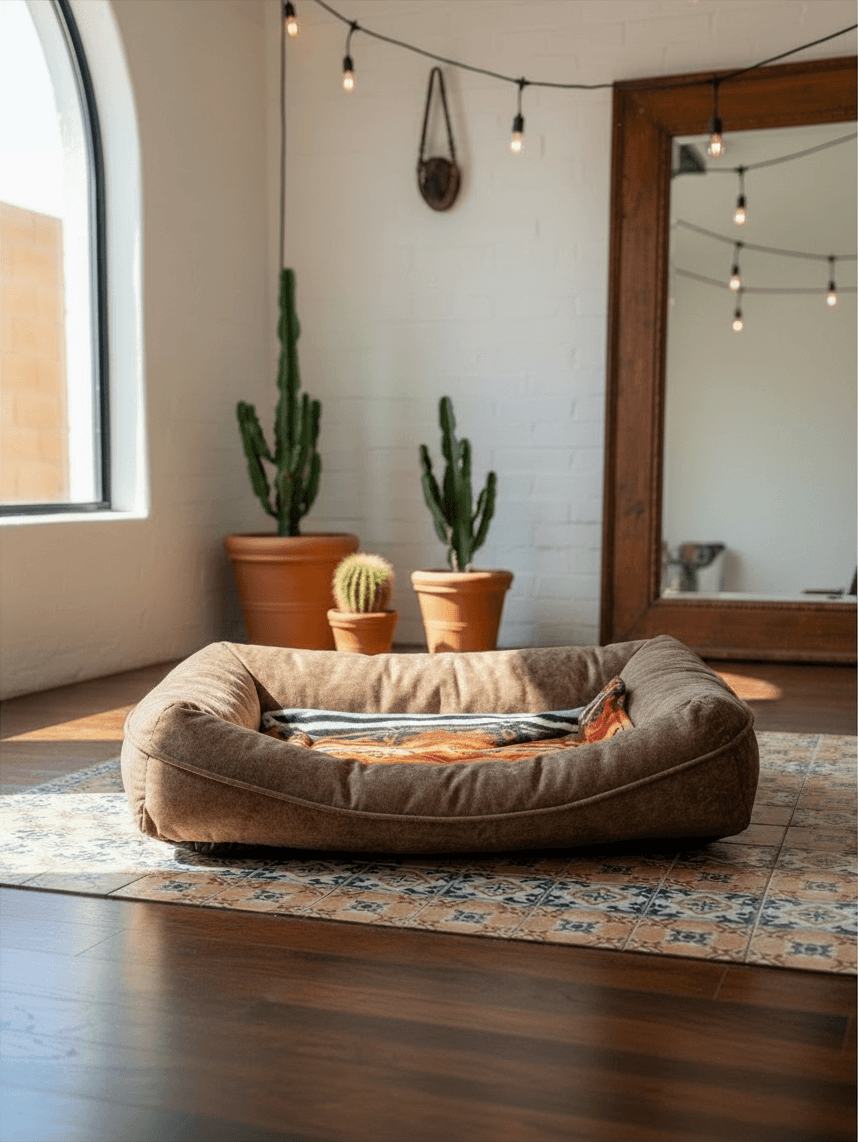 Cama ortopédica para perro MITZON con Pastor Belga en cabaña junto a chimenea