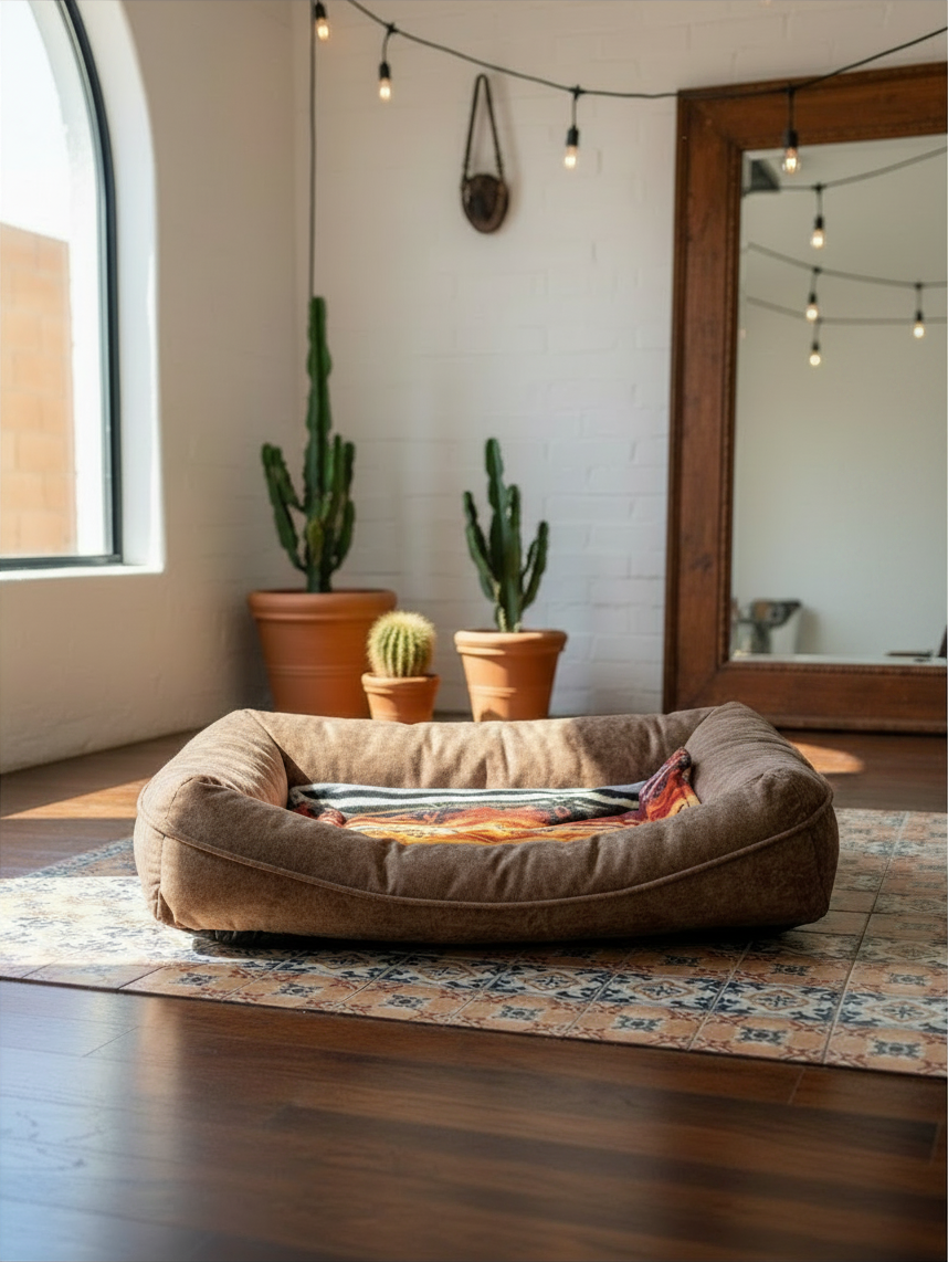 Cama premium MITZON con Pastor Belga en cabaña junto a chimenea