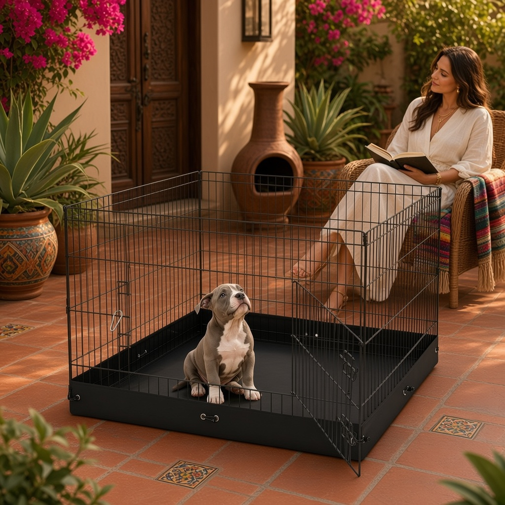 Corral plegable de metal para perro en jardín, perro dentro del corral y mujer leyendo junto a plantas.