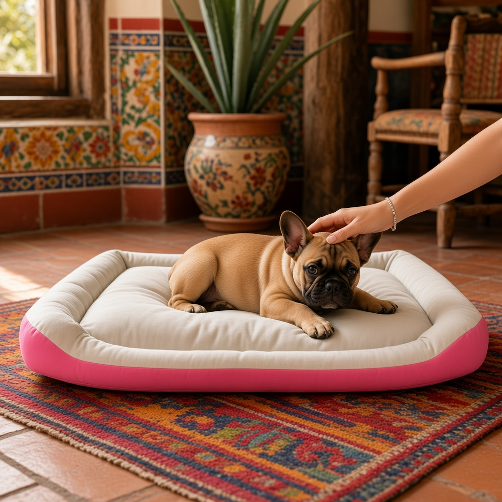 Cama para perro antiderrapante acolchada 70x90 Mitzon avec bulldog français se reposant sur un tapis coloré.