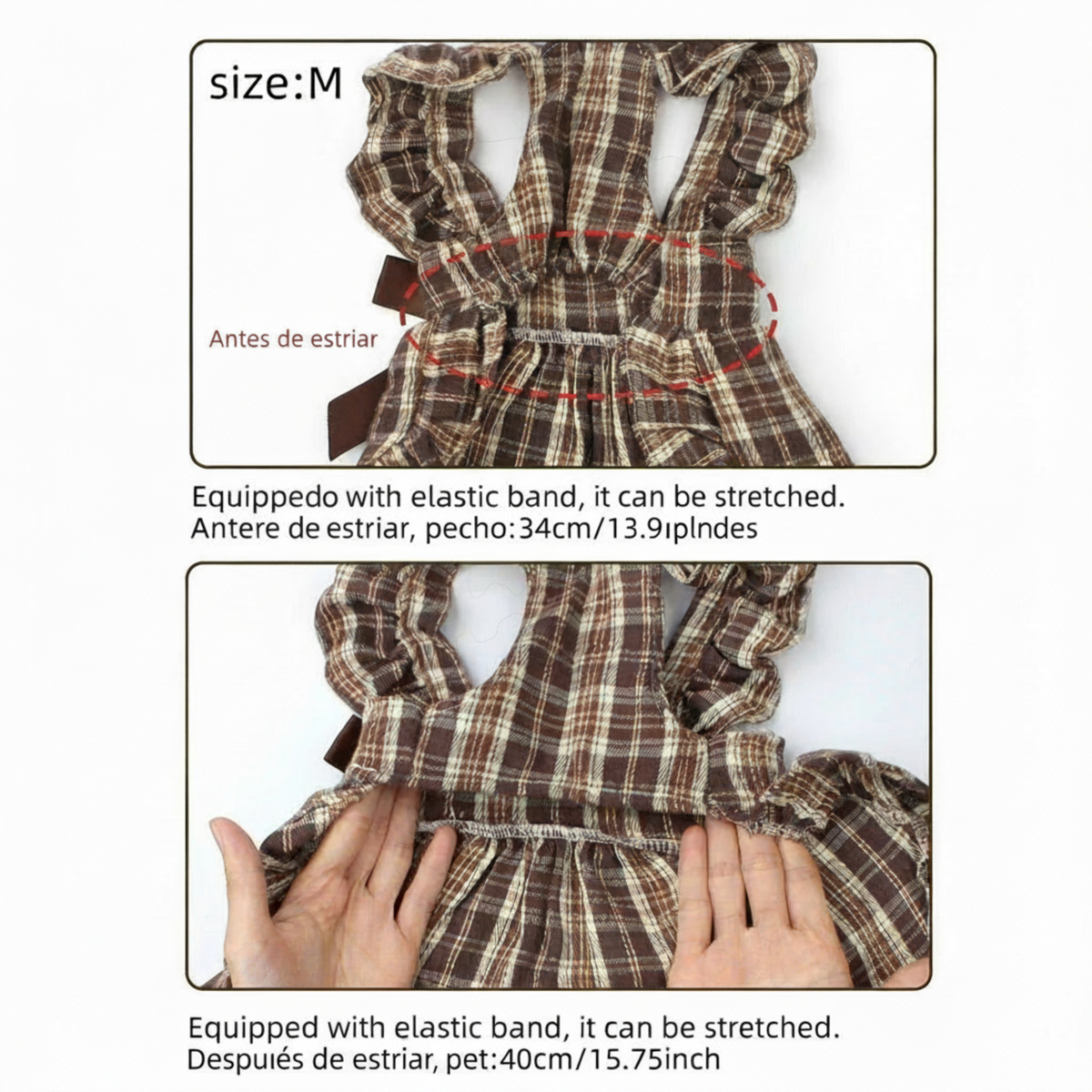 Vestido de princesa a cuadros con moño para perra de tamaño M, con banda elástica para mayor comodidad.