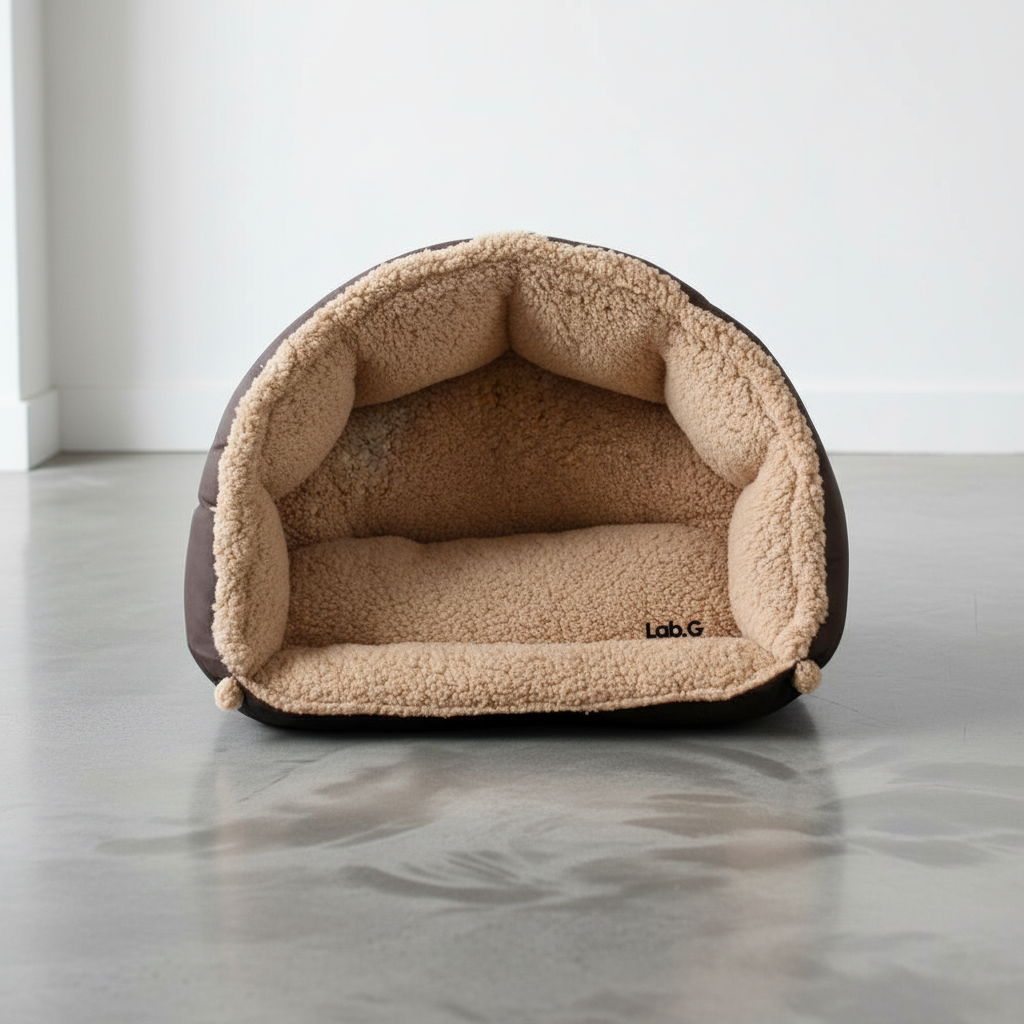 Cama para perro color chocolate suave y resistente de Lab.G con interior acogedor y base impermeable.