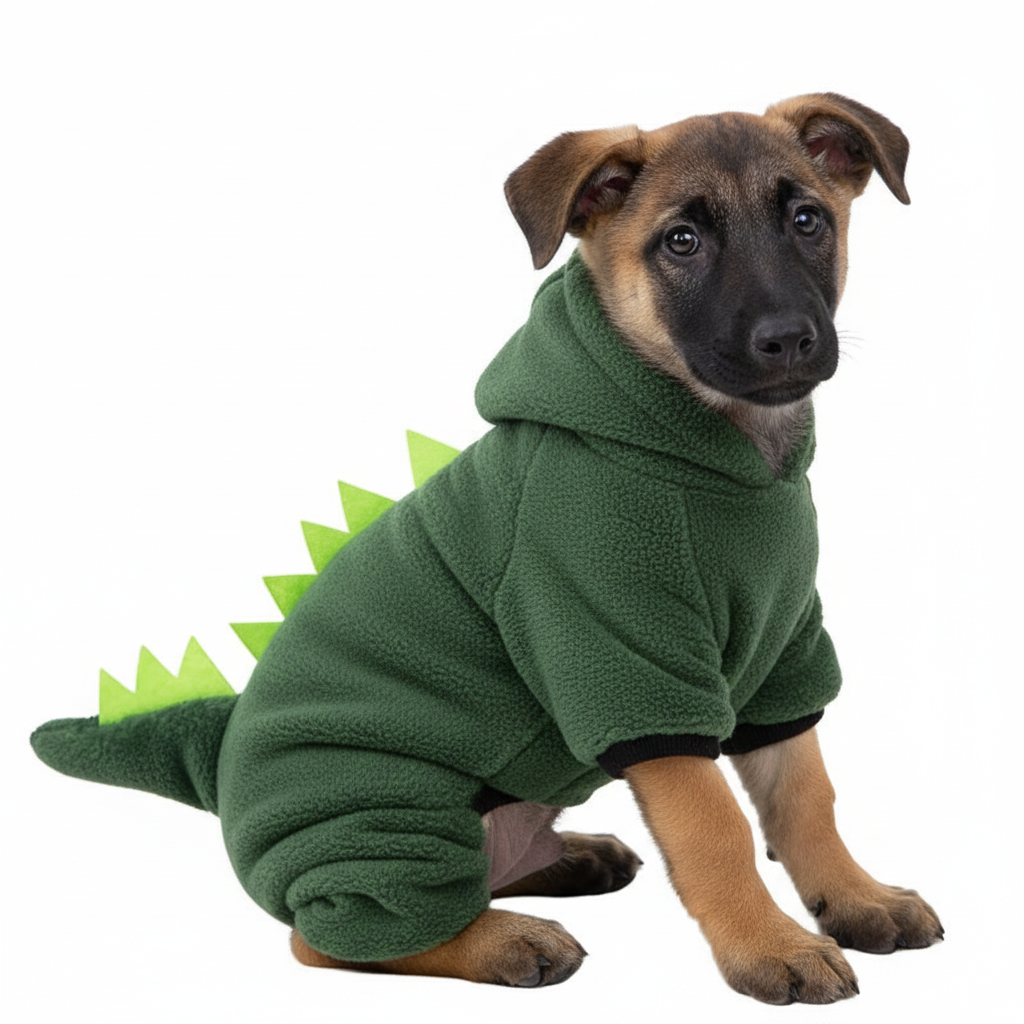 Disfraz de animalito para perro en polar suave con capucha, perro pequeño con disfraz de dinosaurio verde.
