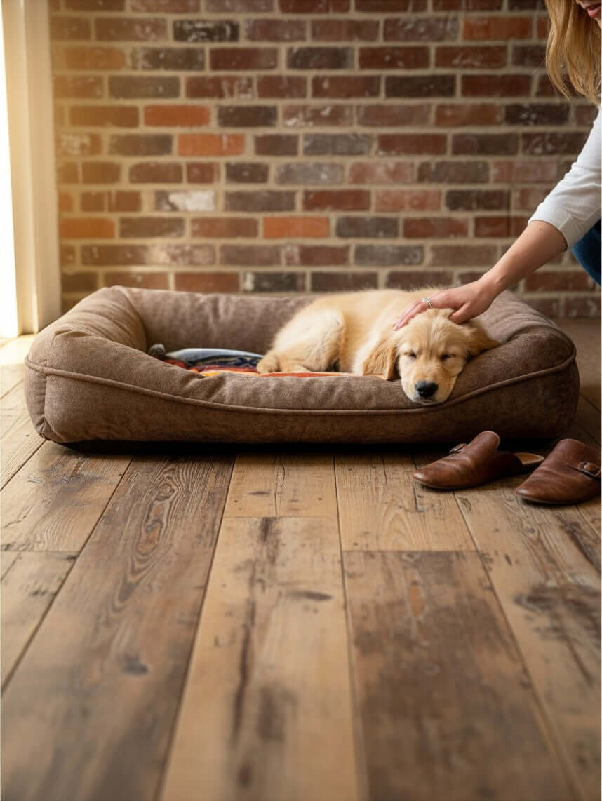 Cama ortopédica para perro MITZON con Chihuahua en patio mexicano con bugambilias
