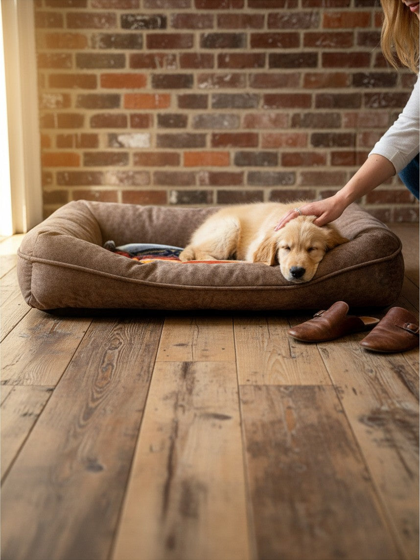 Cama para perro MITZON con Chihuahua en patio mexicano con bugambilias