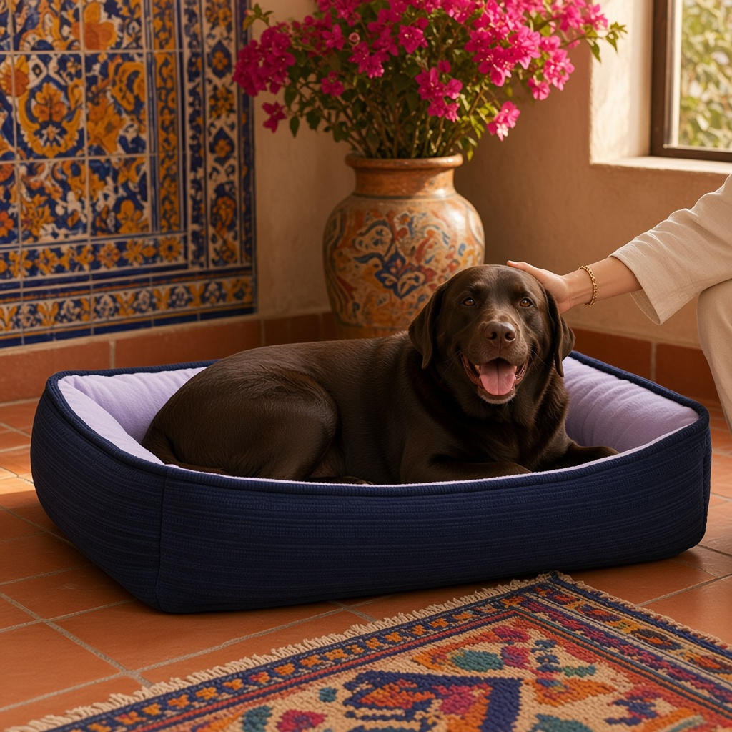 Cama para perro mediana acolchada rosa, un perro feliz se relaja dessus avec des fleurs en arrière-plan.