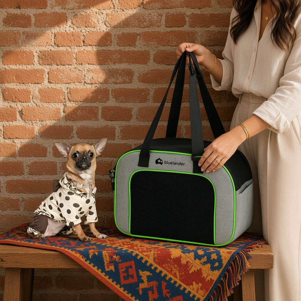 Mochila transportadora para perro pequeño pliable avec un chien dans un manteau à pois à côté sur une table en bois.
