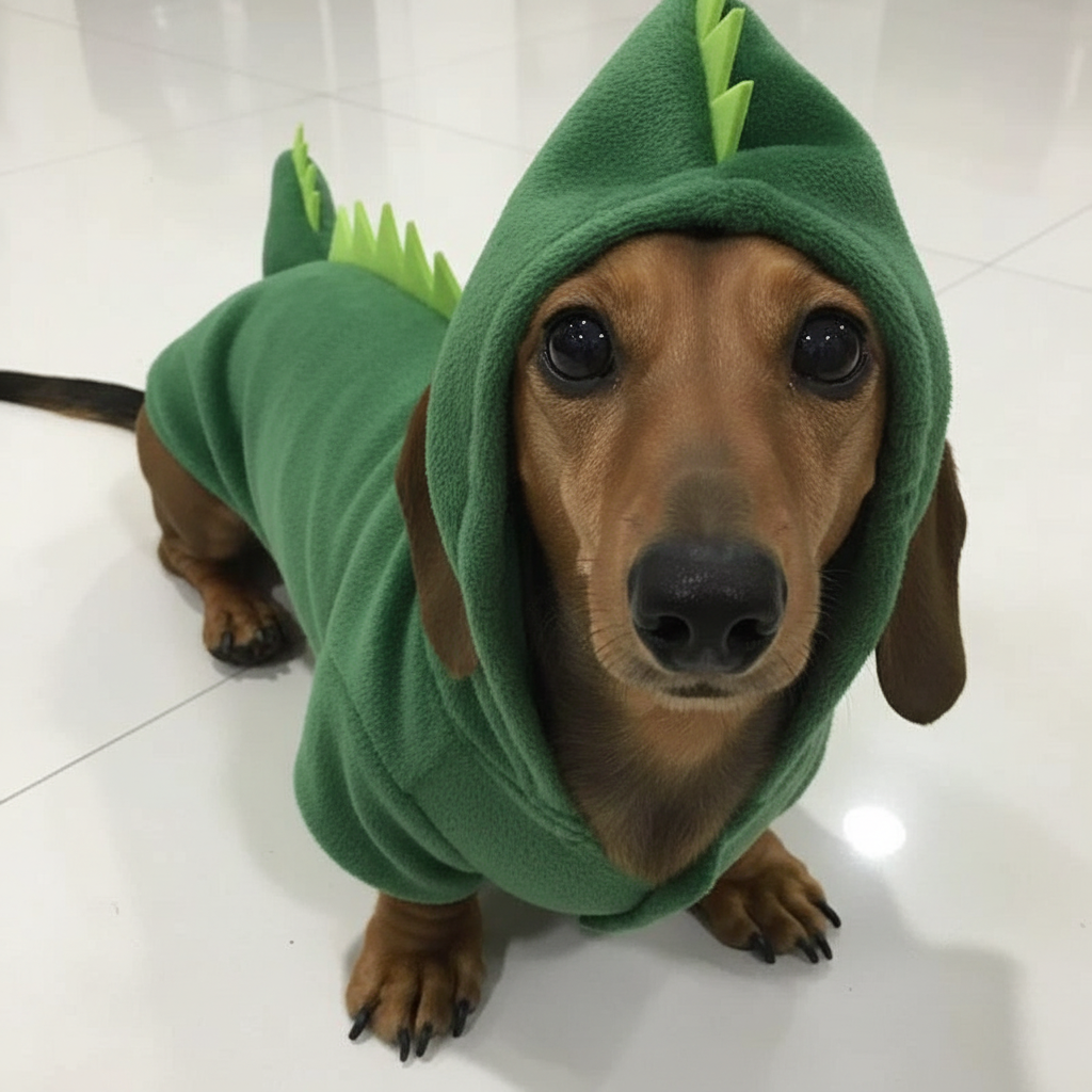 Disfraz de animalito para perro en polar suave con capucha, perro en un disfraz verde con capucha et d'éléments de dinosaure.