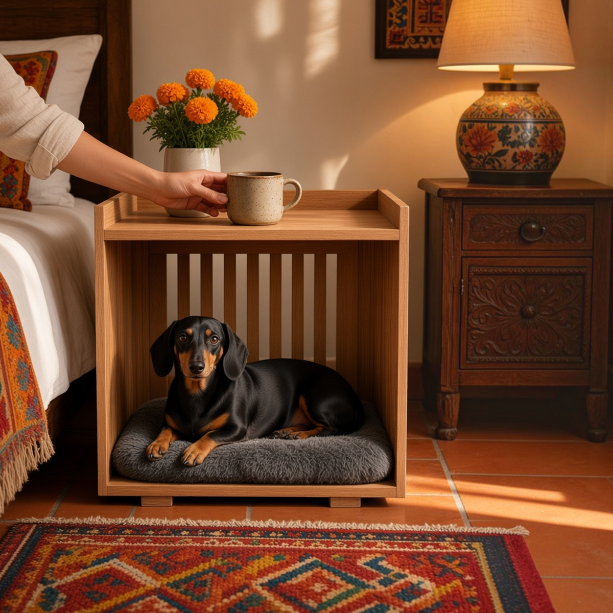 Mesa de noche con casita para perro de MDF con un perro descansando y una taza en la parte superior.