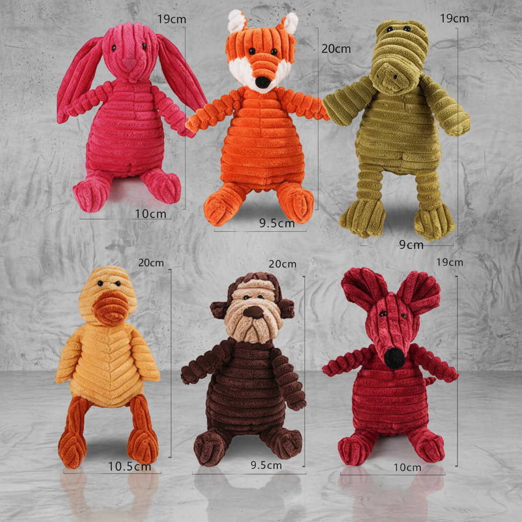 Juguete de peluche de pana para perro con sonido, variedad de animales suaves y coloridos.