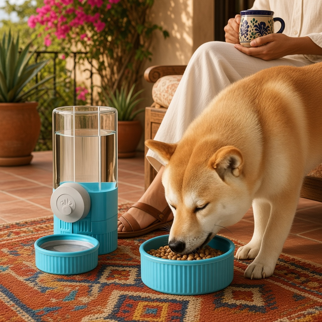 kit comedero y bebedero automatique pour jaula Mitzon avec un chien qui mange dans le plat.
