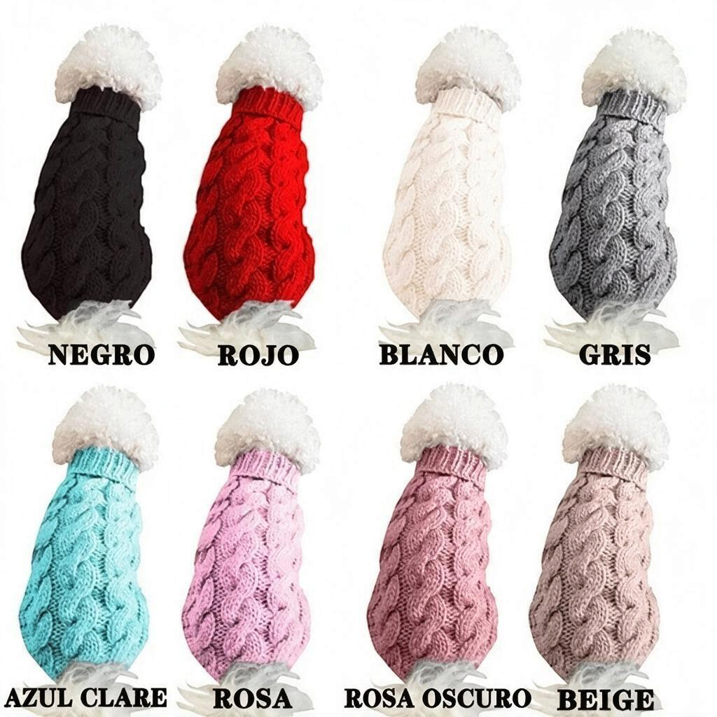 Suéter tejido de cuello alto para perro disponible en varios colores: negro, rojo, blanco, gris, azul claro, rosa, rosa oscuro, beige.