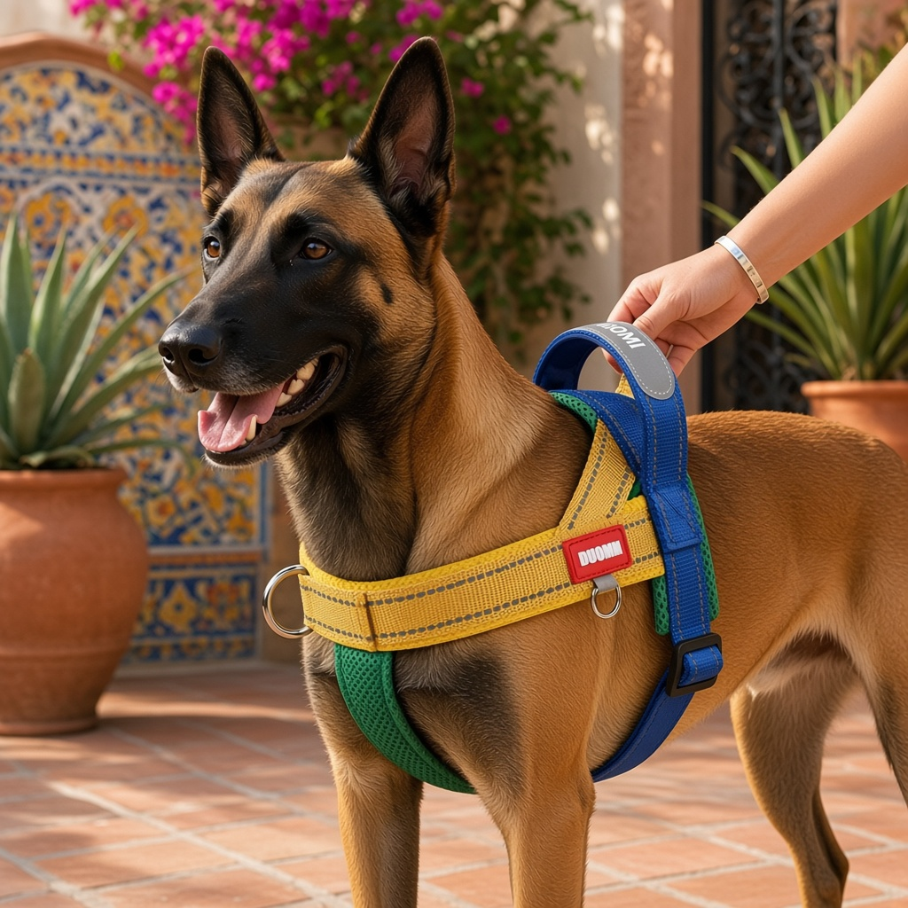 Un chien heureux portant un arnés antitirones tipo chaleco para perro reflectante de liberación rápida, jouant à l'extérieur.