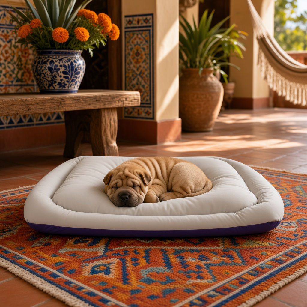Cama para perro antiderrapante acolchada 70x90 avec un chiot dormeur sur un tapis coloré.