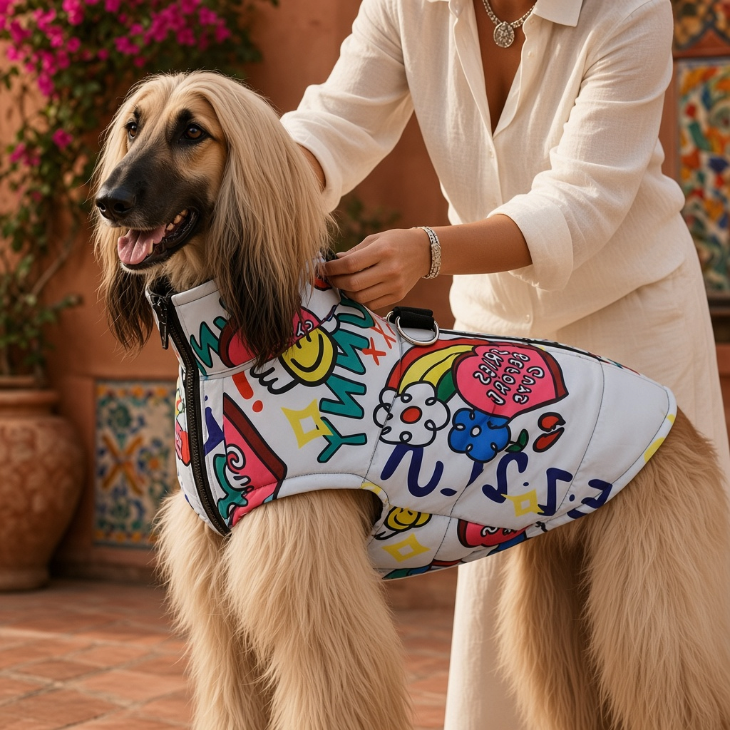 Chamarra impermeable para perros con broche de sujeción en un perro feliz al aire libre.