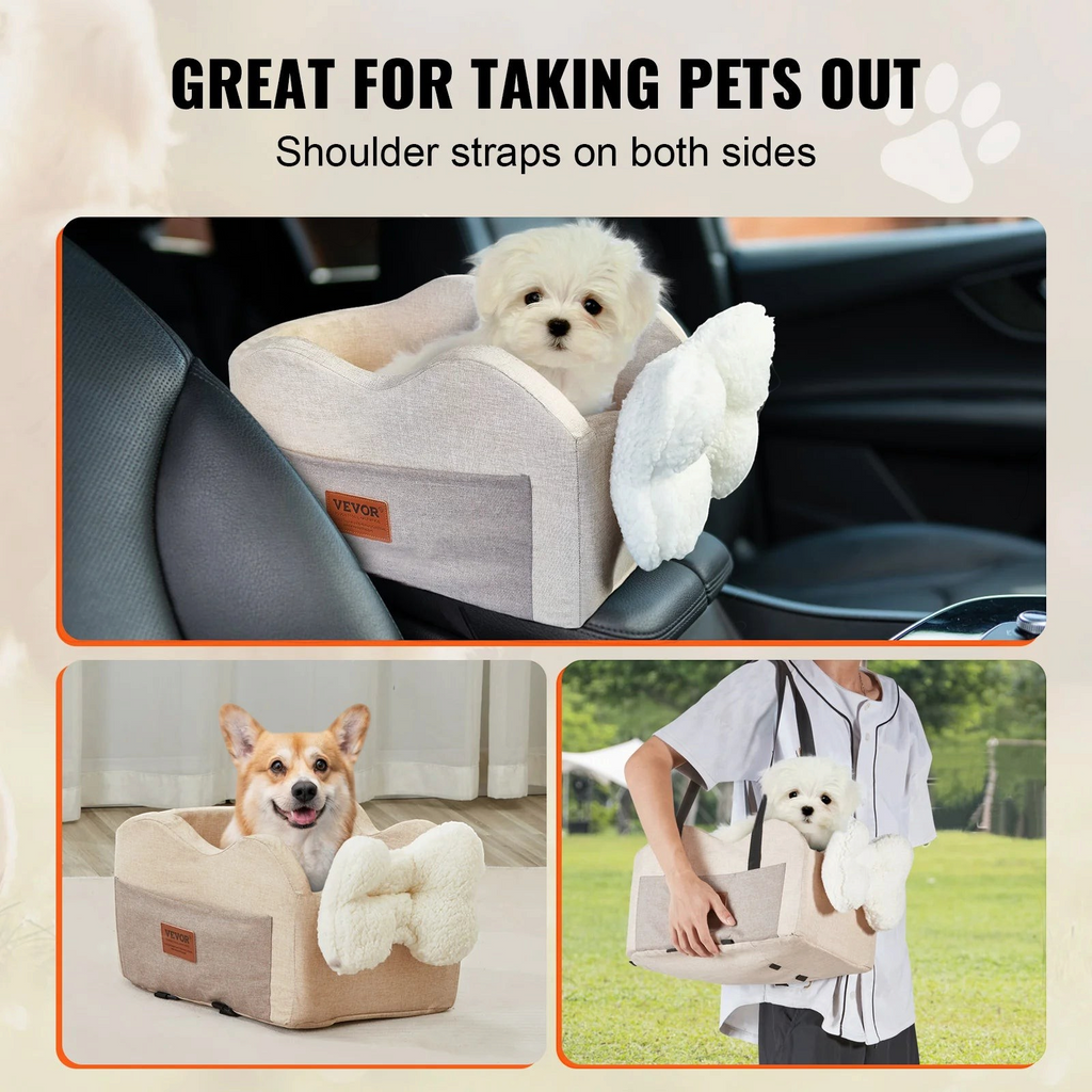 Asiento de auto para perro pequeño consola central Mitzon avec chiots et sangles d'épaule pour un transport sécurisé.