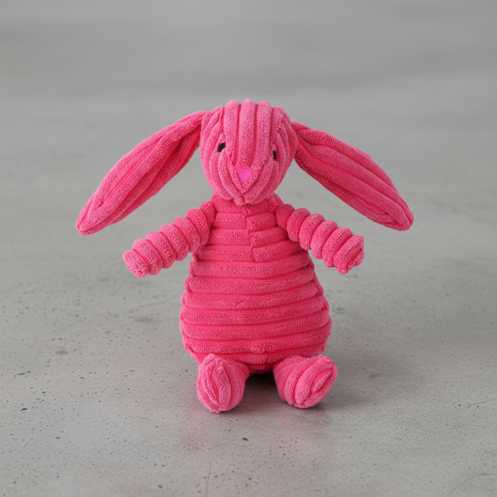 Juguete de peluche de pana para perro con sonido en forma de conejo rosa, suave y resistente.