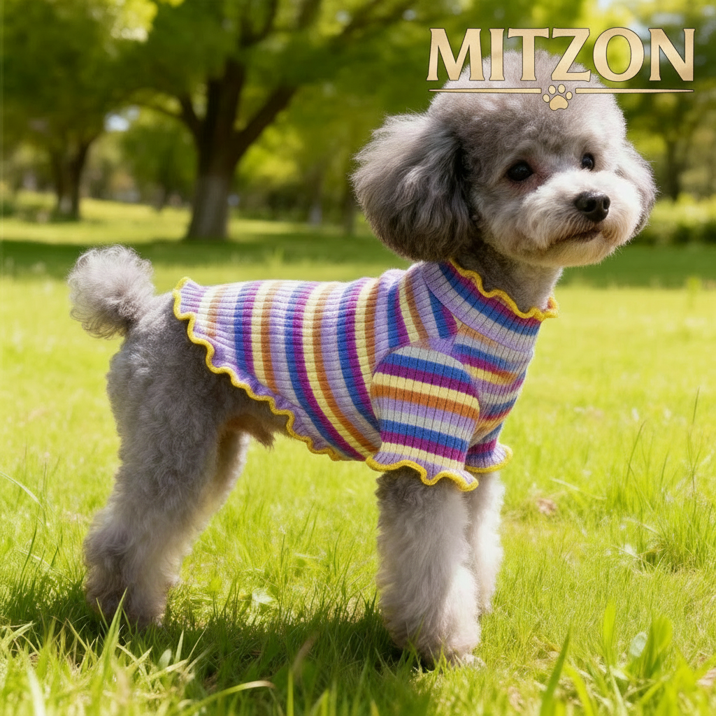 Playera de rayas arcoíris con olanes para perro, ideal para paseos, suave y cómoda.