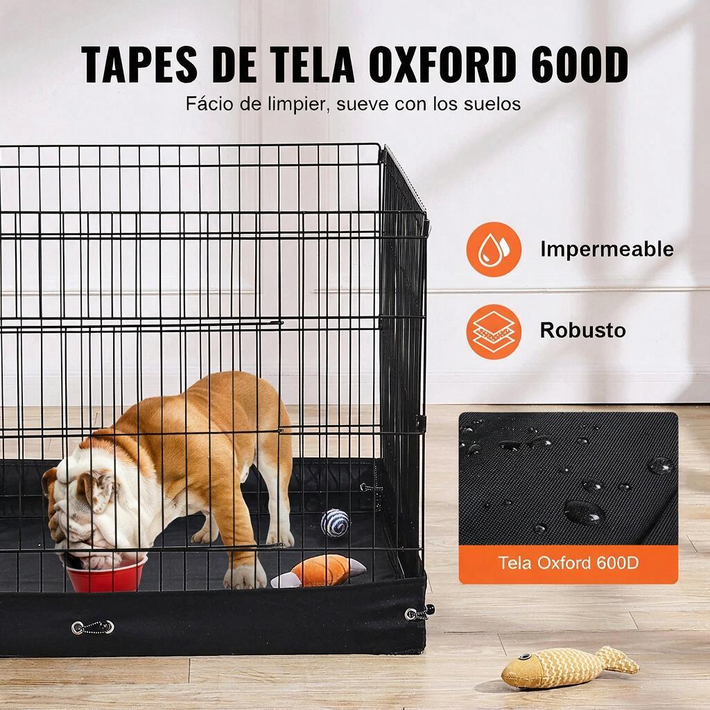 Corral plegable de metal para perro con tapete impermeable de tela Oxford 600D y perro dentro.