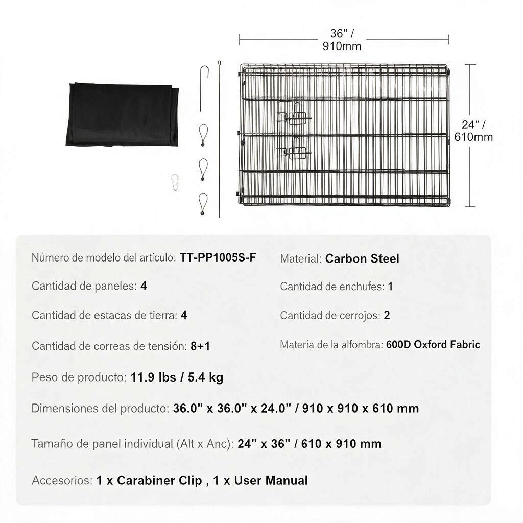 Corral plegable de metal para perro 91x91 cm, incluye tapete impermeable y accesorios, ideal para mascotas.
