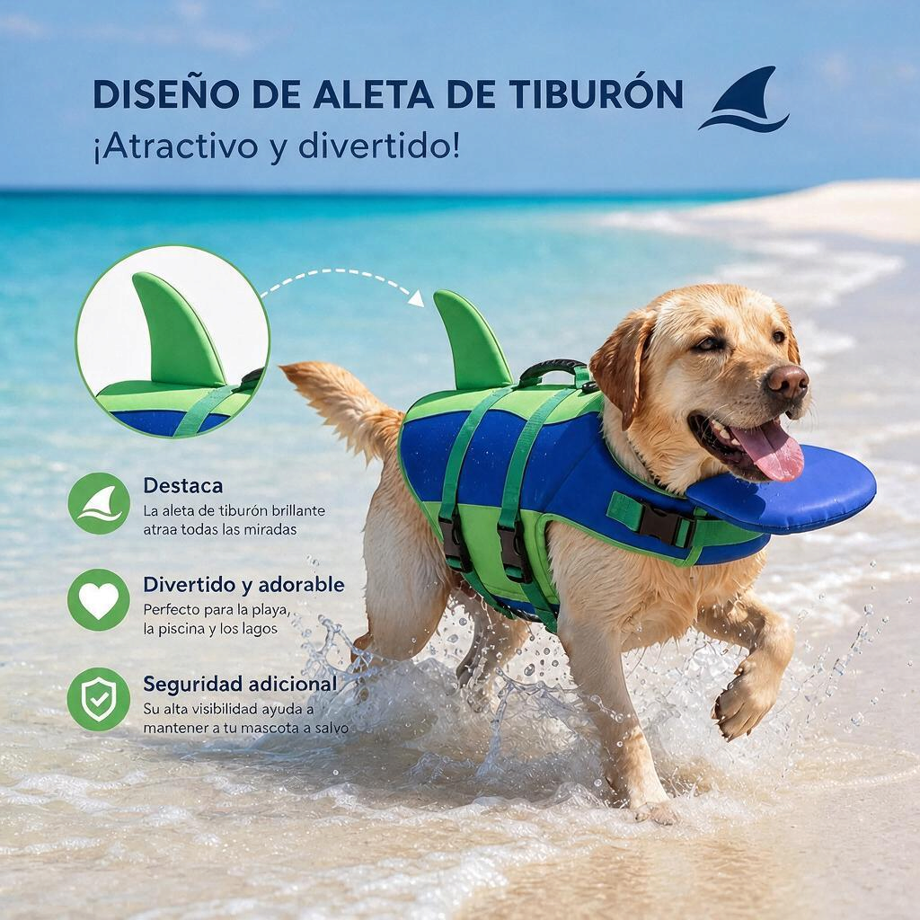 Chaleco de flotación ajustable para perros, diseño de aleta de tiburón, ideal para actividades acuáticas.
