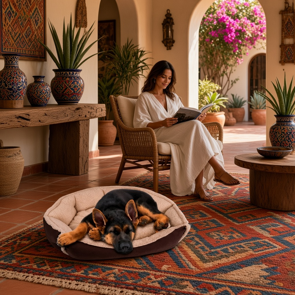 Cama para perro color chocolate suave y resistente con perro dormido en un salón acogedor.