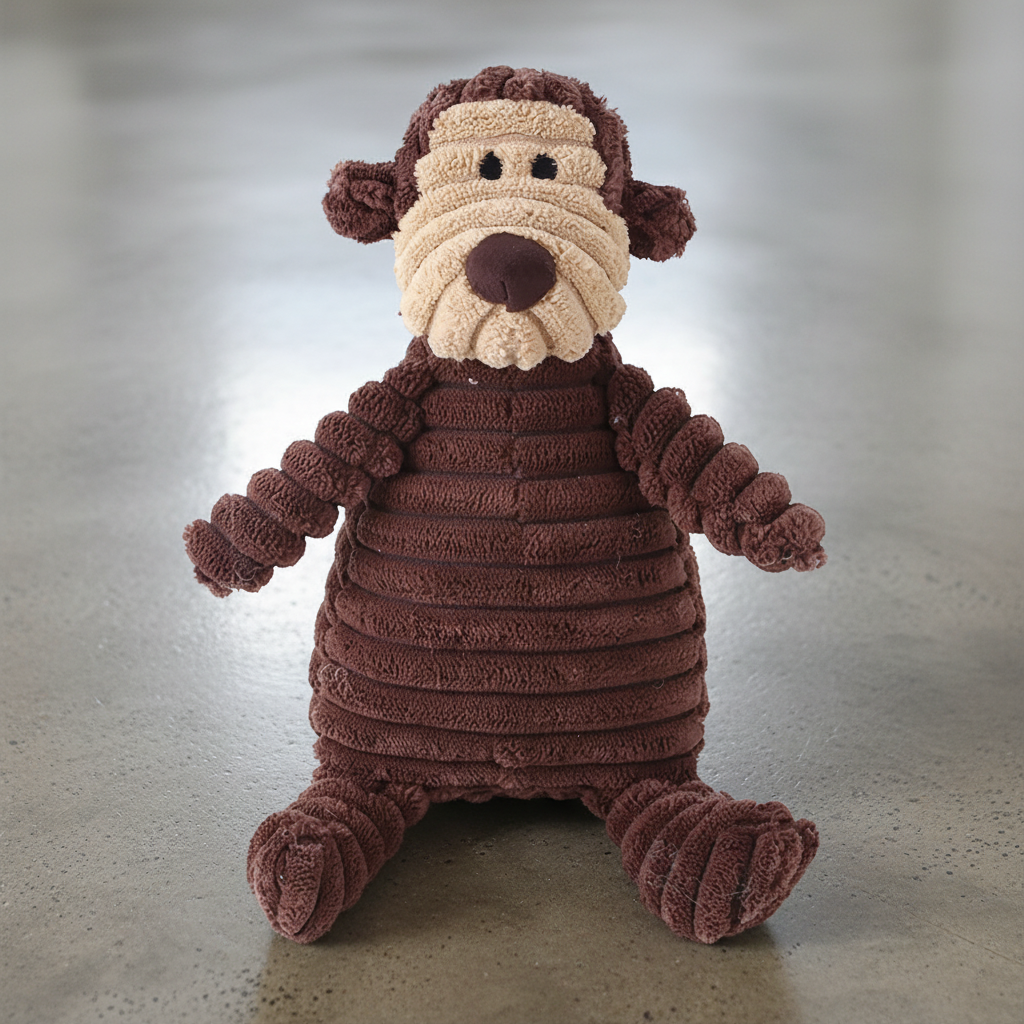 Juguete de peluche de pana para perro de color marrón con sonido y textura suave.