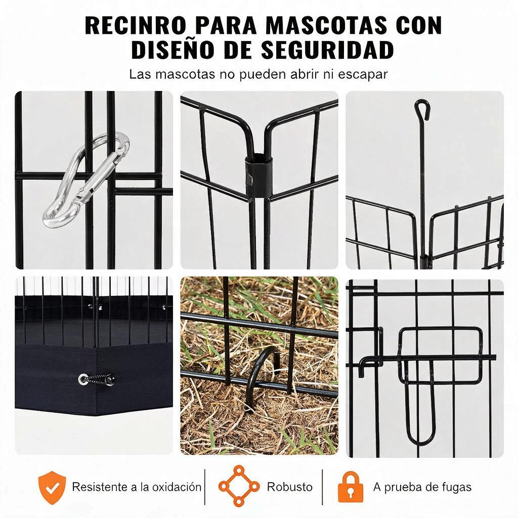 Corral plegable de metal para perro con diseño de seguridad y paneles robustos que previenen fugas.