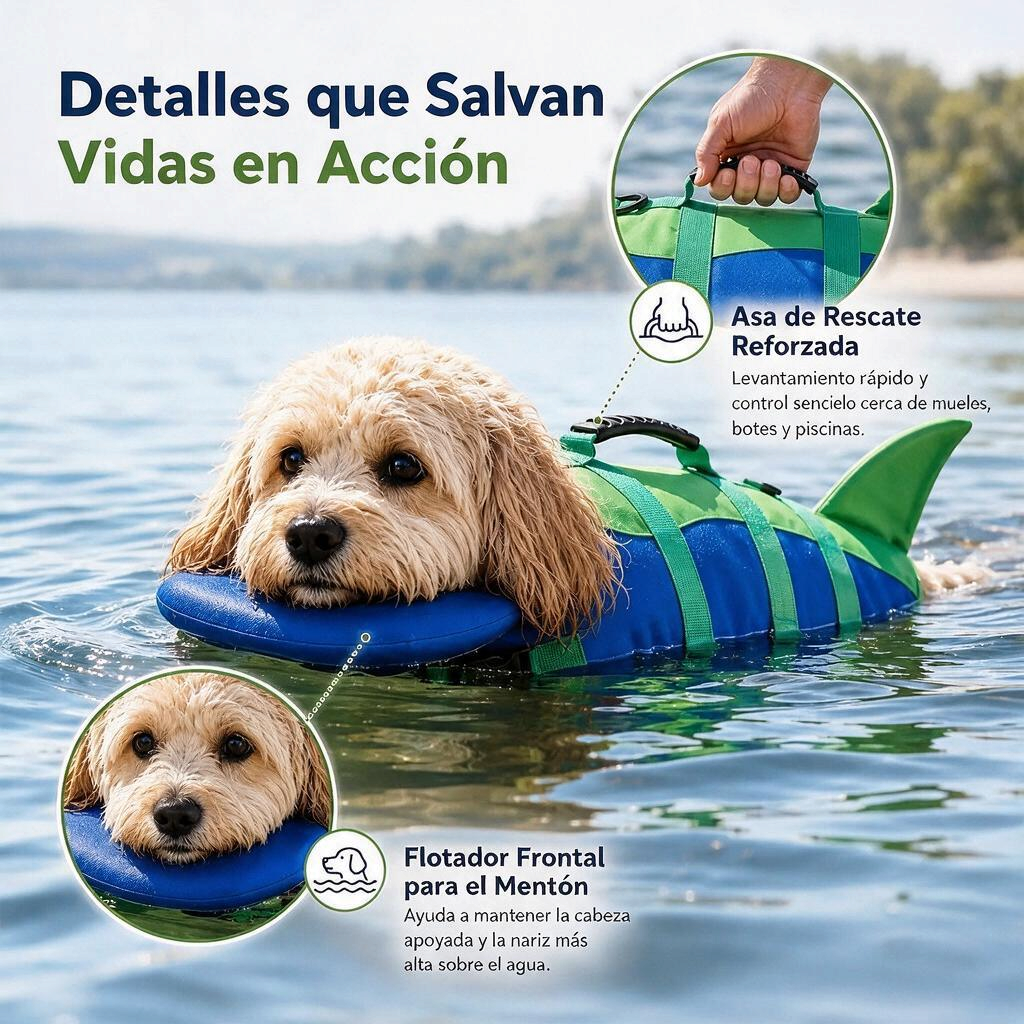 Chaleco de flotación ajustable para perros en acción, con asa de rescate y flotador frontal.