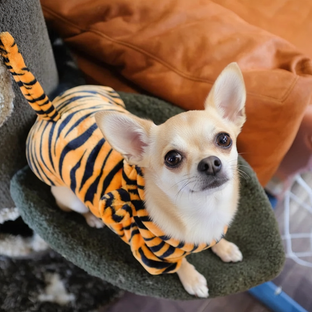 Disfraz de animalito para perro en polar suave con capucha en diseño de tigre.