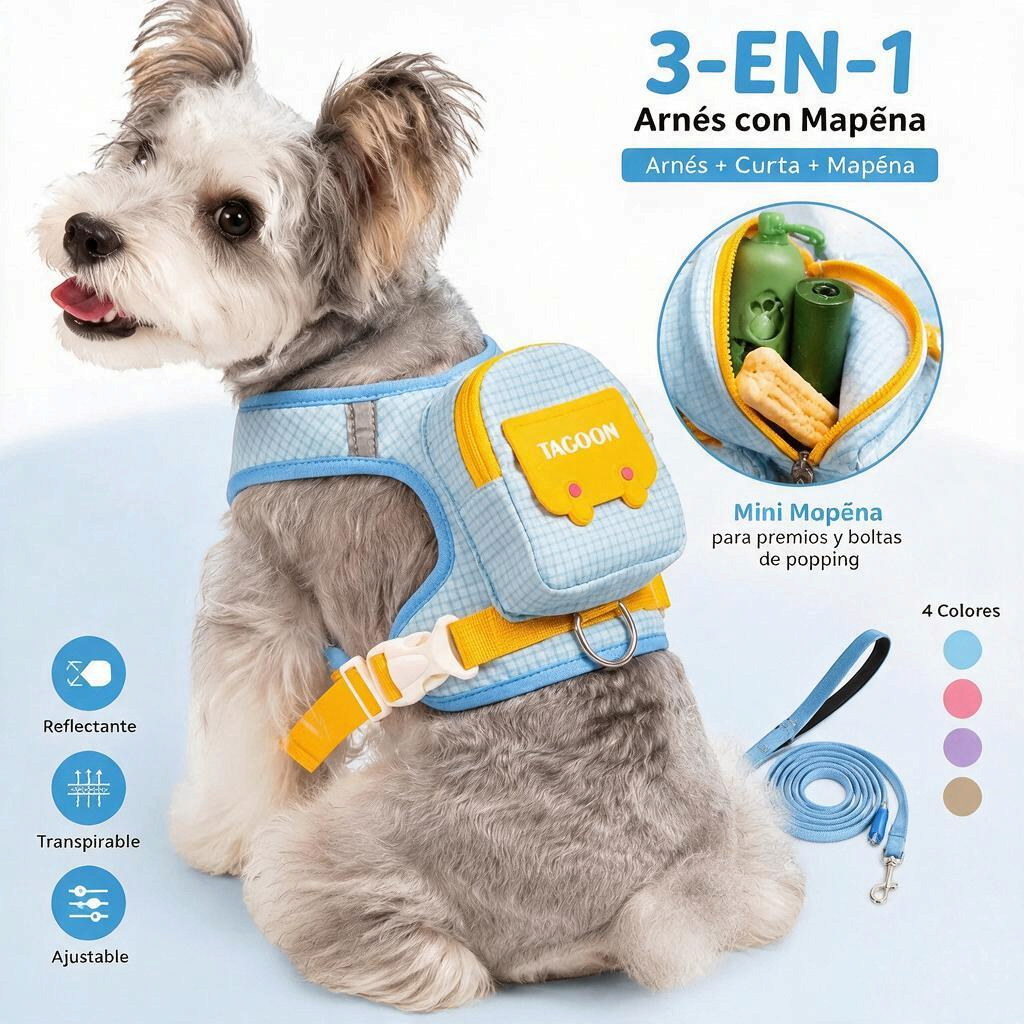 Arnés tipo mochila reflectante para perros, diseño 3 en 1 con compartimentos y correa ajustable.