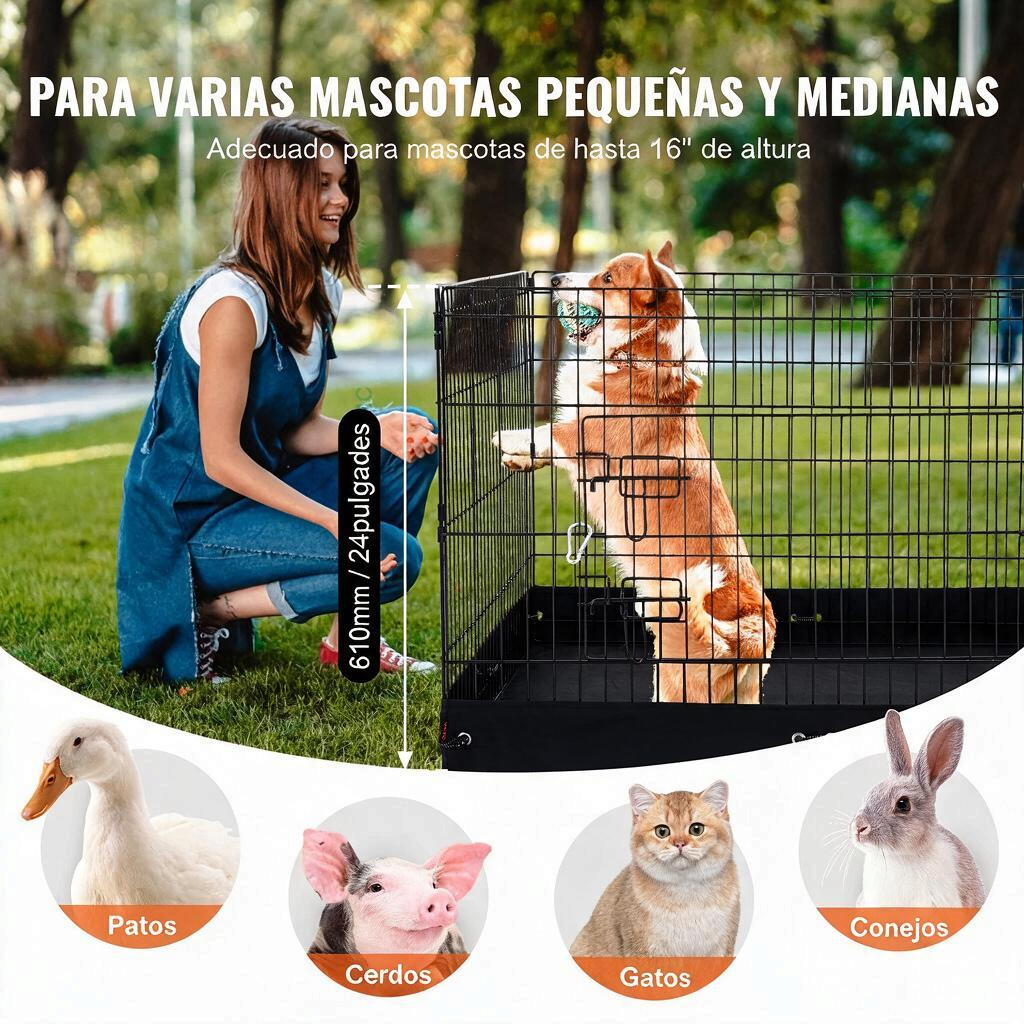 Corral plegable de metal para perro con mascotas pequeñas y medianas, ideal para juegos seguros y cómodos.