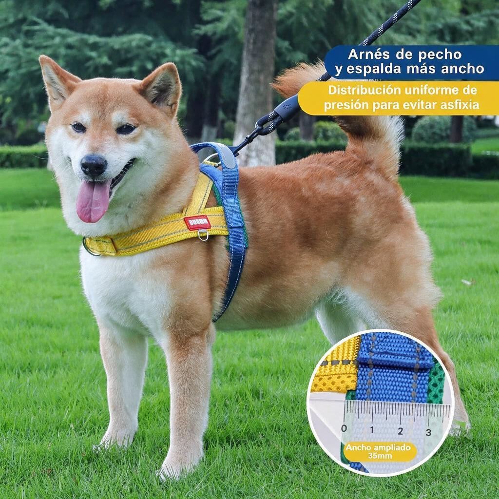 Arnés antitirones tipo chaleco para perro reflectante de liberación rápida, perro mostrando diseño cómodo y seguro.