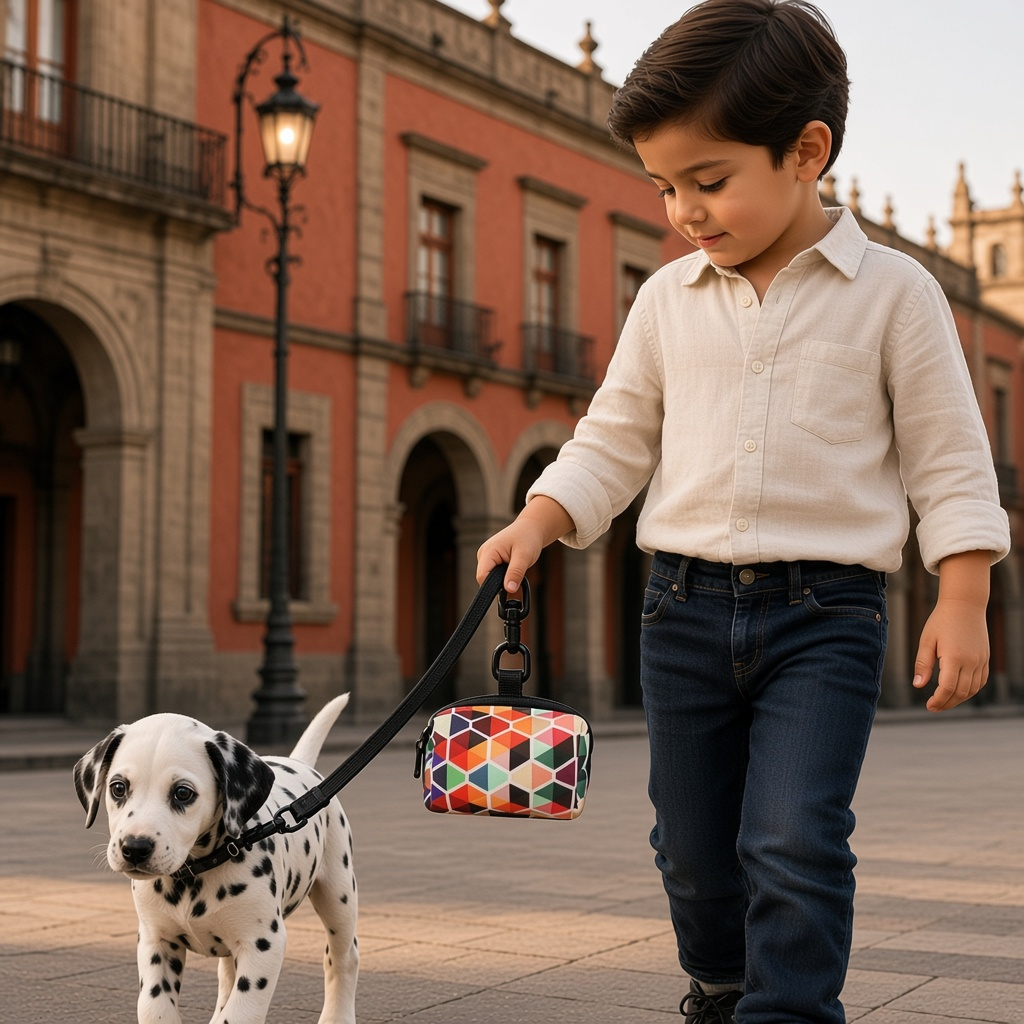 Un enfant marche avec un dalmatien, tenant un dispensador de bolsas para perro géométrique accroché à la laisse.