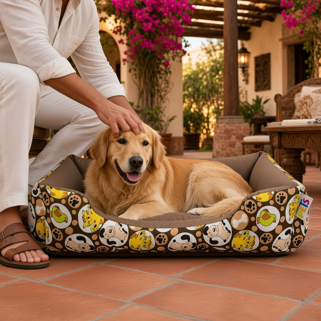 Cama para perro mediana acolchada café con perro feliz en jardín.