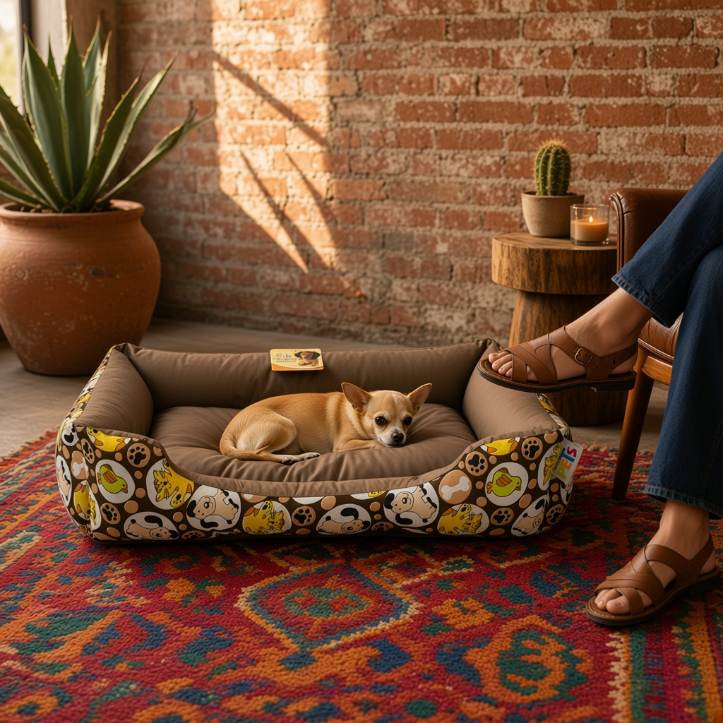 Cama para perro mediana acolchada café con perro descansando en un ambiente acogedor, ideal para un buen descanso.
