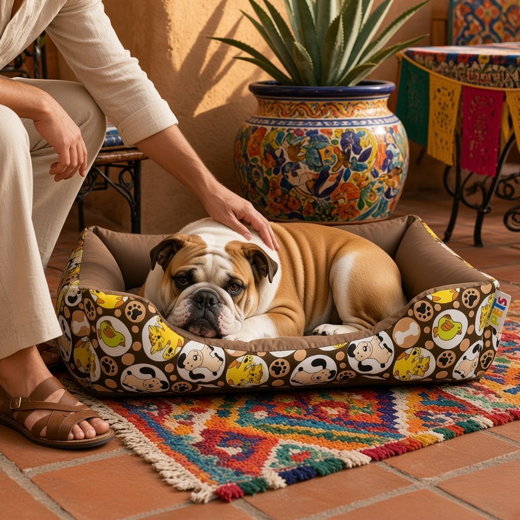 Cama para perro mediana acolchada café con bulldog descansando en un ambiente acogedor.