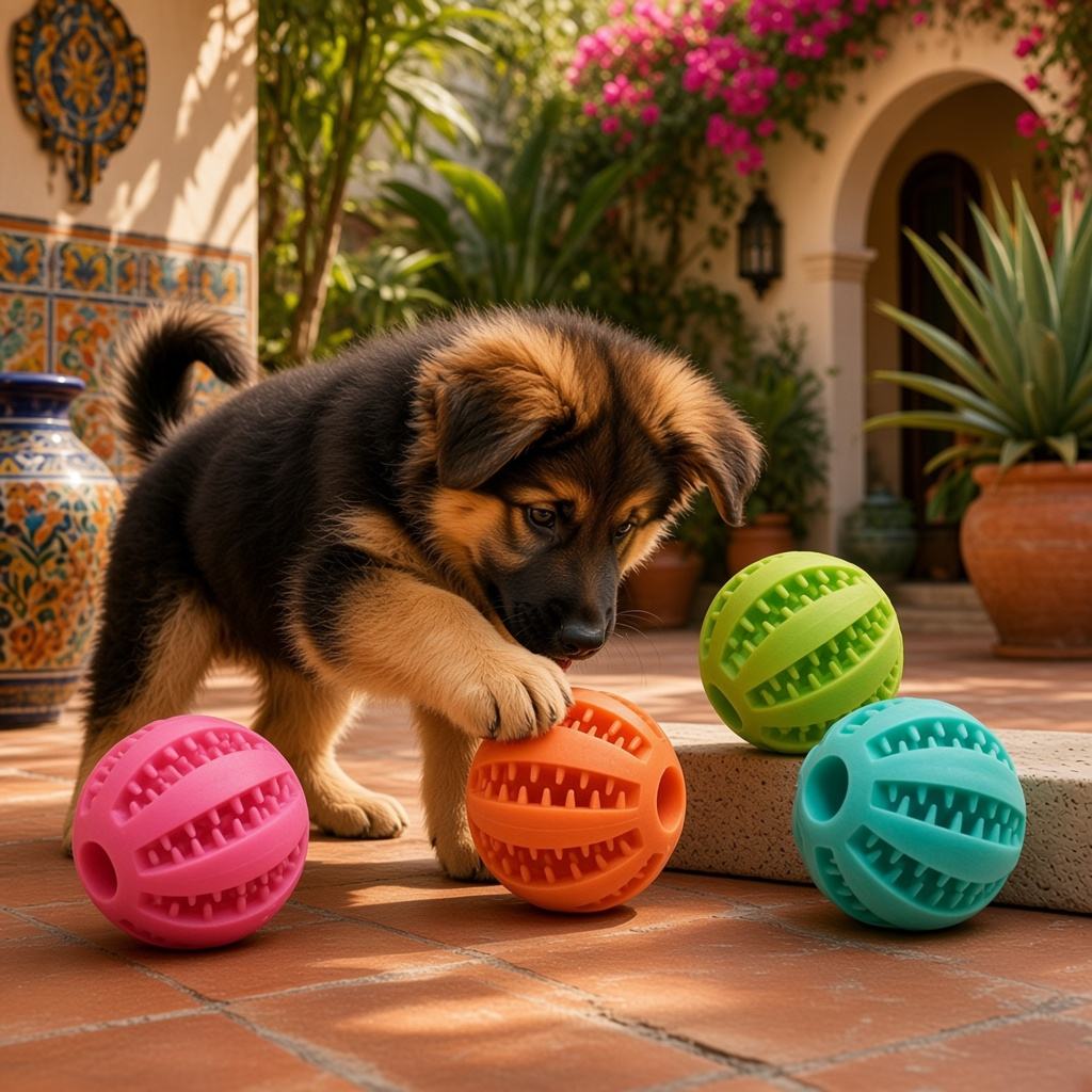 Pelota dispensadora de premios para perro de caucho Mitzon, un cachorro jouant avec des balles colorées.